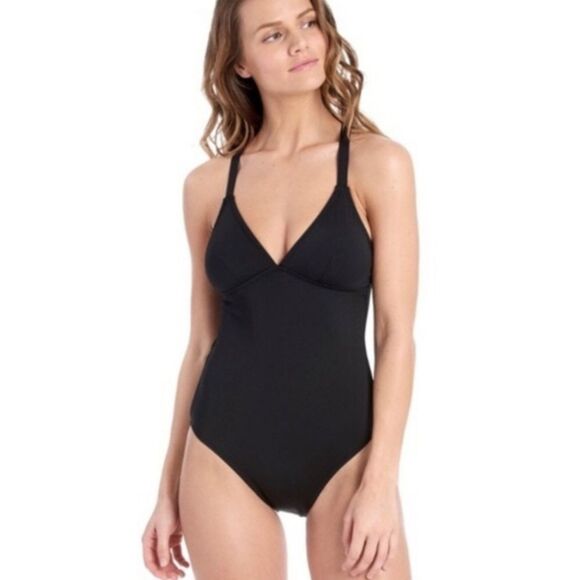 Mossimo Women Black One Piece Swimsuit V-Neck Cut Outs On Back SZ L - Picture 1 of 13